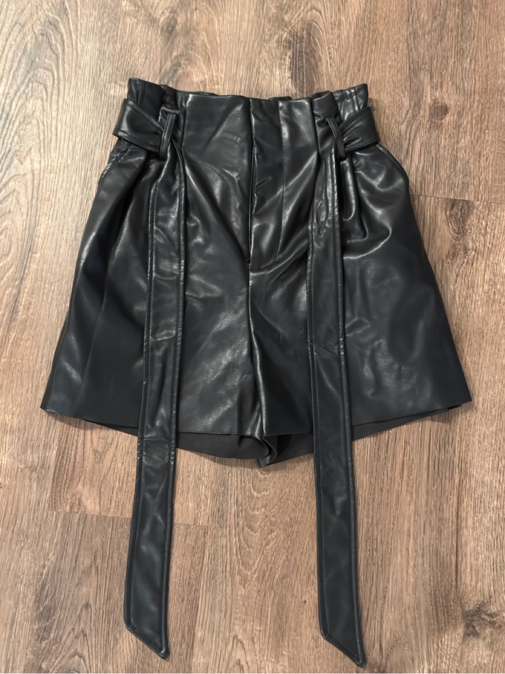 Zenana Faux Leather High-Waist Paperbag Shorts - Black
